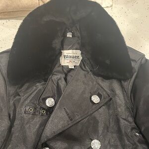 Vintage blauer Shiny militaryb/police Black Coat with Faux Fur Collar 40s